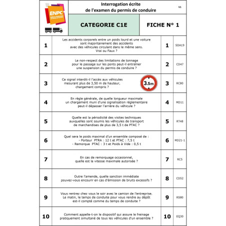 Fiches interrogations écrites permis C1E