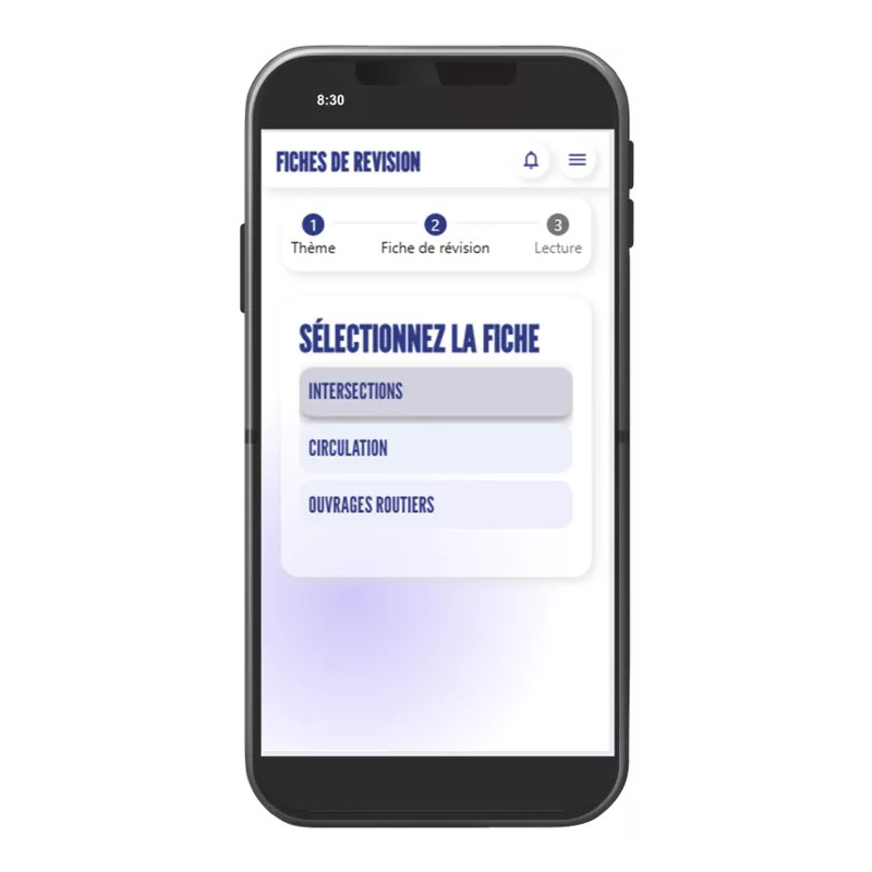 Interface mobile sélection de la fiche de révision