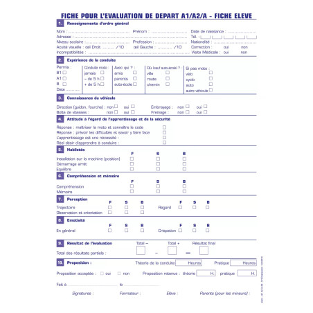 Fiche évaluation de départ A1/A2/A - Fiche élève