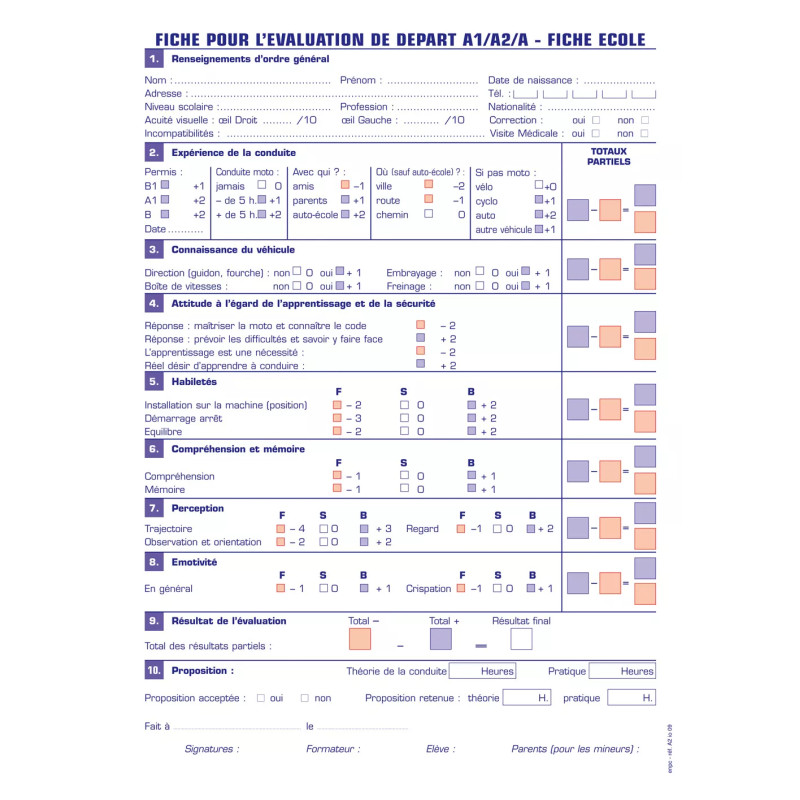 Fiche évaluation de départ A1/A2/A - Fiche école