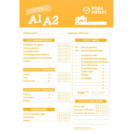 Carte intérieure tarifs permis moto