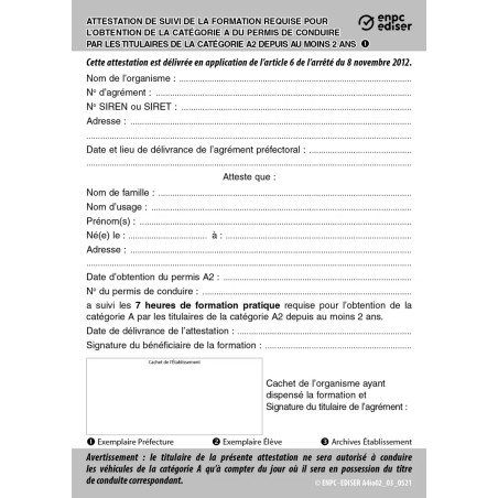 Attestation de suivi de formation moto A2