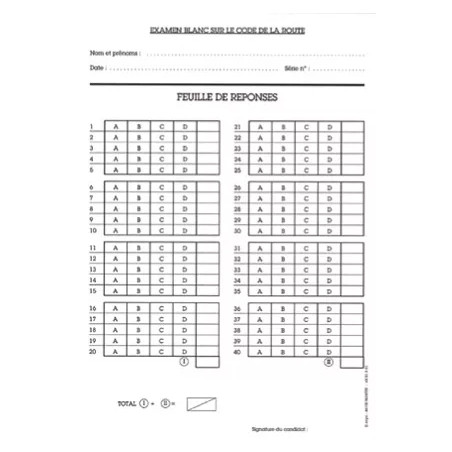 Feuilles de réponses classique code de la route