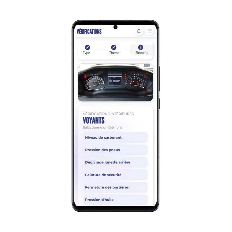 Visuel téléphone page vérifications intérieures voyants