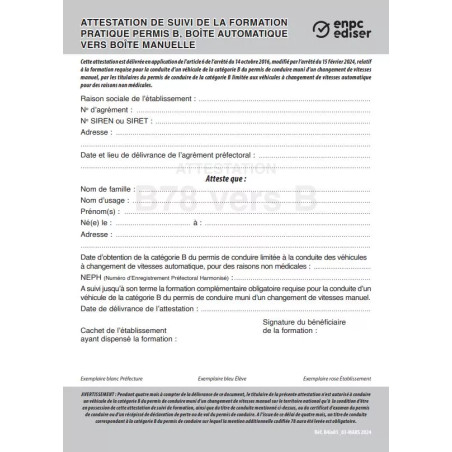Attestation boîte automatique B78 vers boite manuelle