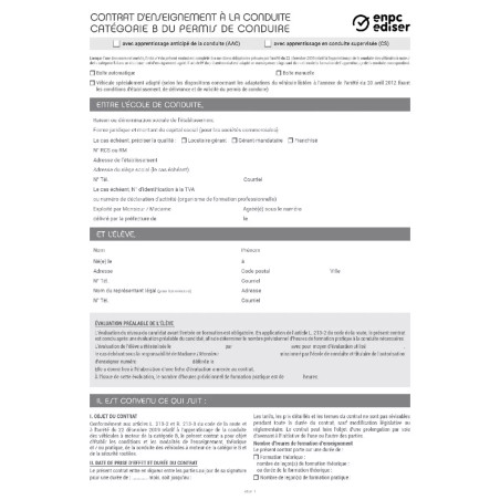 Contrat d'enseignement à la conduite pour les catégories du permis B