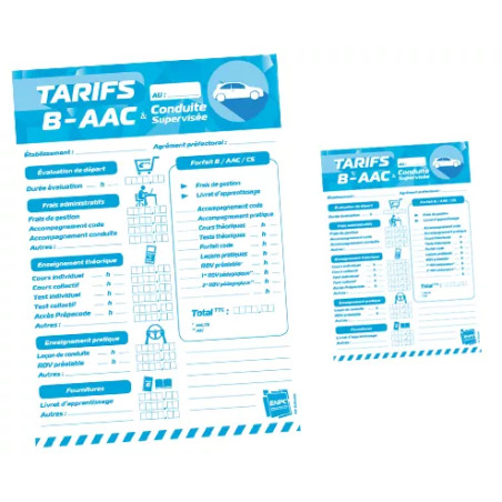 Lot de 2 cartes tarifs intérieure et vitrine Permis B, conduite accompagnée et supervisée