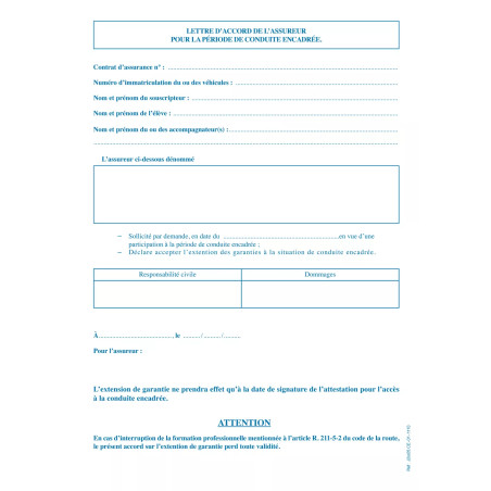 Lettre d'accord assurance Conduite Encadrée